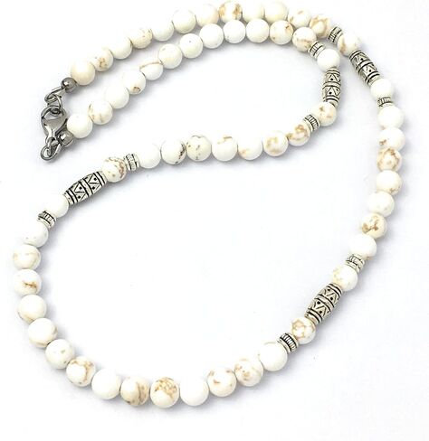 قلادة رجال من طراز Magnesite البيضاء 6 مم - مصنوعة يدويًا في الولايات المتحدة الأمريكية (المغنيسيت الأبيض ، 18 بوصة) in Kuwait