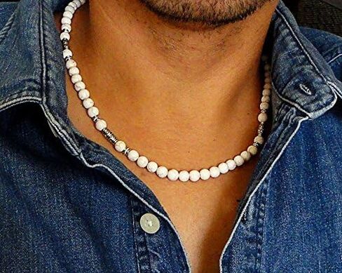 قلادة رجال من طراز Magnesite البيضاء 6 مم - مصنوعة يدويًا في الولايات المتحدة الأمريكية (المغنيسيت الأبيض ، 18 بوصة) in Kuwait
