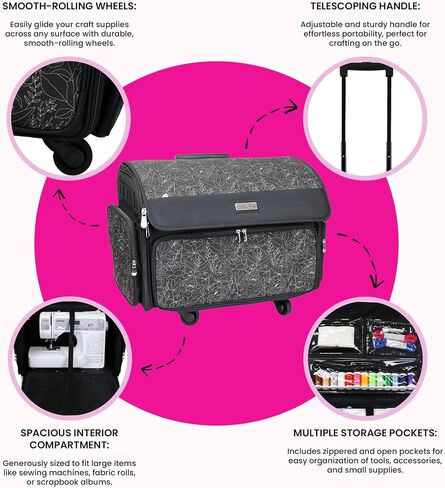 Everything Mary XL Rolling Sewing Machine Case – Grey Floral Craft Bag with 4 Wheels – Portable Organizer in Kuwait