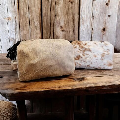 Genuine Cowhide Handcrafted Cosmetic Pouch Highlands Cowhide Makeup Bag Toasted Marshmallow in Saudi Arabia