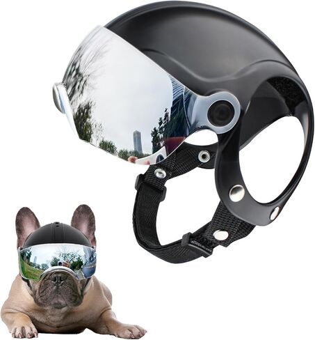 Dog Helmet with Anti-UV Silver Goggles Adjustable Cool Dog Motorcycle Helmet with Drop-Down Sun Visor for Small Dogs in Kuwait