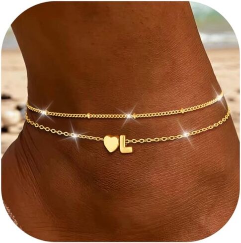 أساور الكاحل الذهب الأولية للقلب للنساء العصرية 4K الذهب المطلي الطبقات الطبقات A-Z Heart Charm طرازات غير قابلة للتشويه يمكن تعديلها من الكرات اليدوية المقاومة للماء لمجوهرات الشاطئ الصيفي على الشاطئ in Kuwait