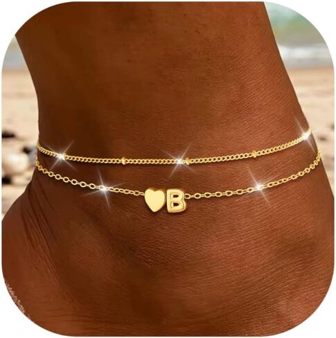 أساور الكاحل الذهب الأولية للقلب للنساء العصرية 4K الذهب المطلي الطبقات الطبقات A-Z Heart Charm طرازات غير قابلة للتشويه يمكن تعديلها من الكرات اليدوية المقاومة للماء لمجوهرات الشاطئ الصيفي على الشاطئ in Kuwait