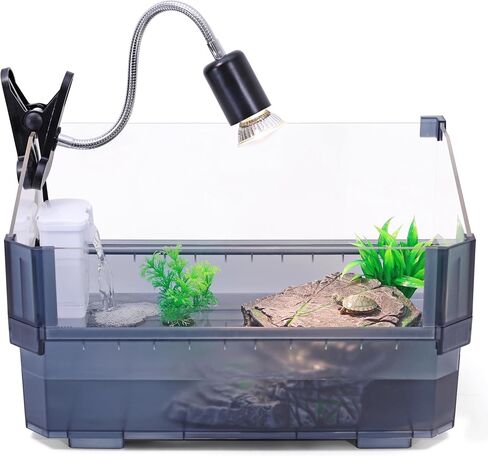 Small Turtle Tank Kit for Aquatic Turtles – Complete Starter Habitat with Filter, UVB Lamp, Basking Platform, Plants – Turtle Aquarium Kit (Black) in Kuwait