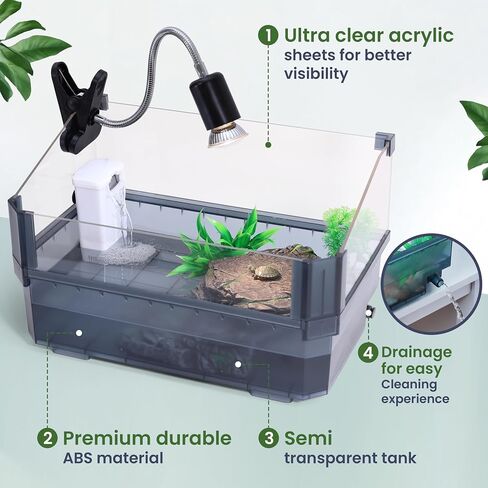 Small Turtle Tank Kit for Aquatic Turtles – Complete Starter Habitat with Filter, UVB Lamp, Basking Platform, Plants – Turtle Aquarium Kit (Black) in Kuwait