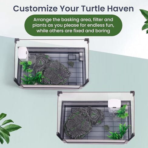 Small Turtle Tank Kit for Aquatic Turtles – Complete Starter Habitat with Filter, UVB Lamp, Basking Platform, Plants – Turtle Aquarium Kit (Black) in Kuwait
