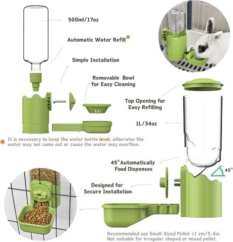 Hanging Automatic Food Water Dispenser, Auto Gravity Pet Feeder Water Bottle Set for Cage, Feeding Station for Puppy Cat Kitten Rabbit Guinea Pigs Chinchilla Hedgehog Ferret (Green) in Saudi Arabia