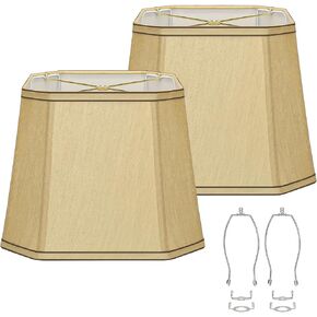 Rectangle Cut Corner Lamp Shades Set of 2, 10.5" x 10"x 13" Modern Medium Gold Lampshades with Brown Rim, Included 2 Pack Lamp Harps, Suitable for E26 Base and Saddle Base, Easy Assembly Required