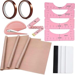 مجموعات أدوات قمصان التسامي (الوردي) - 4 Tirt Rulers ، 3Pack Teflon ورقة لـ Heat Press 12 × 16in - 2 لفات مقاومة للحرارة ، شريط واحد ، 1 squeegee للفينيل