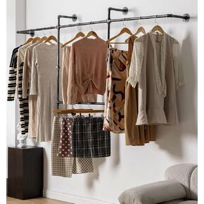 Industrial Clothing Rack, Pipe Style Rolling Garment Rack, Heavy Duty Steampunk Clothes Rack, Hall Tree on Wheels with Shelf and Shoes Storage for Home, Retail Store, Rustic Wood