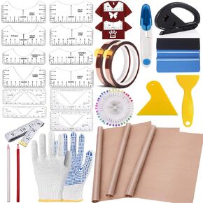 Quklogen تسامي قمصان الأدوات أدوات أدوات 76 pcs قميص قياس المسطرة مجموعة قابلة لإعادة الاستخدام جولة الرقبة و V-the Roace محاذاة حاكم Teflon ورقة لضغط الحرارة 12 × 16 بوصة شريط مقاوم للحرارة