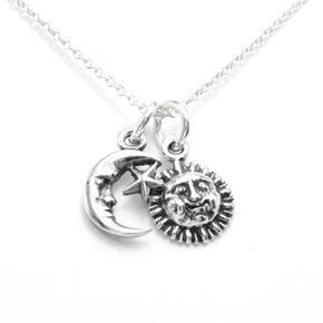 Sterling Silver Tiny Moon and Tiny Sun Charm Necklace, 18"