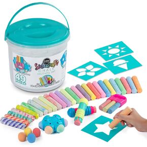 Loddie Doddie 49pc Sidewalk Chalk Bucket – Outdoor Activity Play Set for Kids, 31 Assorted Chalk Sticks, 4 Holders, 10 Ball Refills, 4 Stencils, Washable, Reusable Bucket