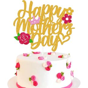 Happy Mother's Day Cake Topper Flower Crown Heart Love You Mom Best Mom Ever Thanks Mom Themed Party Decorations for Mother's Day Celebration Party Supplies (Gold)