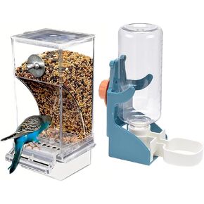 NIENIE No Mess Bird Feeder Water Dispenser Set, Automatic Transparent Parrot Feeder Acrylic Parrot Food Container Drinker, Blue (Pack of 2)