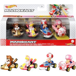 Hot Wheels Mario Kart 4-Pack, Collectible Set of 4 Toy Vehicles with Tanooki Mario, Cat Peach, Toad Sneeker & Toadette Birthday Girl
