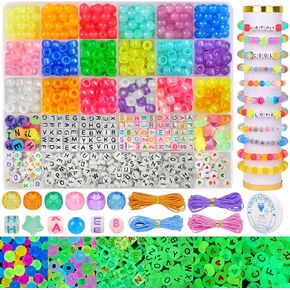 DULEFUN Glow Beads Bracelet Making Kit, Glow in The Dark Pony Beads Letter Beads Heart Beads for Bracelets Making Luminous Plastic Glow Beads DIY Craft for Girls Kids Adults