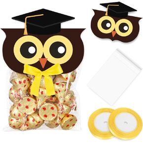 Whaline 50Pcs Graduation Self Adhesive Cellophane Treat Bags with Toppers Ribbons Cute Owl with Grad Hat Cello Candy Bags for School Grad Party Favors