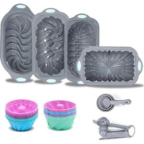45 Pieces Silicone Loaf Pan for Baking Bread, 6 Cups Silicone Baking Pans Set, Baking Cups, Non-Stick Kitchen Oven Baking Pans, with Measuring Cups and Spoons Set, Grey