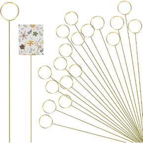 Piriuuo 30 Pcs Gold Floral Card Holder Picks, Round Shape Gift Card Holder for Bouquets Wire Place Card Holder Metal Flower Card Holder Stick Picture Clip Holder for Centerpieces