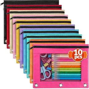Forvencer 10 Pack Pencil Pouch for 3 Ring Binder, Smooth Zipper Pencil Pouches with Multi Colors, Premium Binder Pencil Pouch, Large Pencil Bags Bulk with Clear Window for School Organization