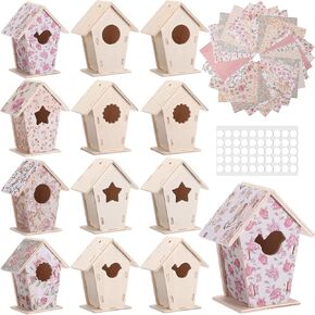 Outus 12 PCS 3.6‘'x 4 '' Wooden Birdhouse Craft Kits DIY Decoupage Bird Houses with 24 Decoupage Paper Mother Crafts with غير مكتملة لبناء ديكور حرفي للفنون لمحبي الطيور (زهرة)