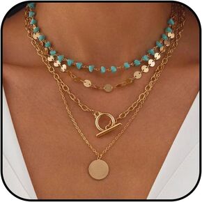 Boho & Western Layered Turquoise Beaded Choker Necklace for Women - Handmade Adjustable Multi-Layer Statement Jewelry
