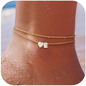 Rlmoon Gold Anklet Anklet Orial Canle Bracelets for Women 14K Gold Plated Lated Layered Cz Letter A-Z Heart Charm Anklets Handmade Joodry Jewelry Beach Foot