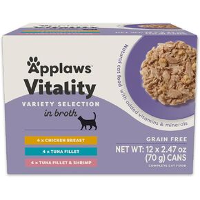 Applaws Vitality Wet Cat Food in Broth, Natural Canned Cat Food, Wet Food for Cats with Added Vitamins and Minerals, Grain Free, Carrageenan Free, Variety Selection in Broth (12 Count, 2.47 oz Cans)