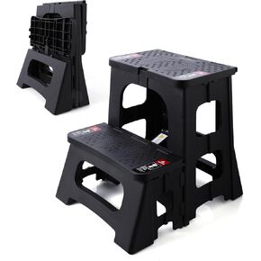 Folding 2-Step Stool - 2nd Gen, Upgraded A-Frame Stability, Safety Lock, Anti-Slip Feet, 300lb Capacity - 8" 17" Collapsible Step Stools for Home Kitchen Bathroom RV Office (Black)