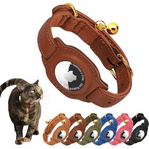 AirTag Cat Collar with Bell & Fabric Liner - Pet Collar Leather Cat Collar - Non Breakaway Leather Kitten Collar with AirTag Holder - GPS Cat Collars for Boy Cats, Girl Cats (Black)