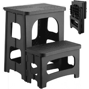 Folding 2-Step Stool, Non-Slip Collapsible Step stools for Kids & Adults, Multipurpose Bedside Ladder Footstool, Holds 330 lbs, Portable Step Stools for Kitchen Home Toilet Bedroom Office RV, Black