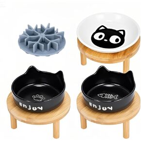 3PCS Elevated Cat Bowls with Silicone Slow Food Dispenser,Wide Raised Ceramic Cat Dishes with Bamboo Stand, Whisker Friendly Pet Water or Food Plates Feeding Station for Indoor Cats, Kitten