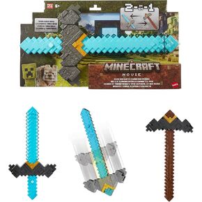 Mattel Minecraft Sword و Pickaxe 2-in-1 ، ونقر تنشيط الأزرار وملحق لعب الأدوار مستوحى من فيلم Minecraft