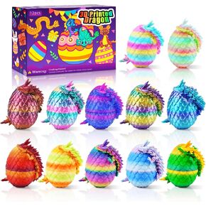 12PCS 3D Printed Easter Dragon Eggs with 3D Printed Dragon Inside, Micro Easter Basket Stuffers Mini Dragon Egg Set Articulated Crystal Dragon Fidget Toy for Adults Teens