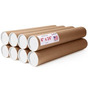 4" x 24" Reinforced Kraft Paper Mailing Tubes, Pack of 8 Tubes with 2 Caps Each – USPS Approved Poster Tube – Made in USA Cardboard Tube for Shipping and Storing Posters, Prints, Artwork, or Documents