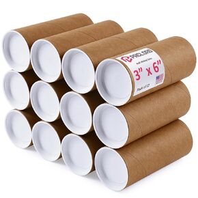 3" x 6" Reinforced Kraft Paper Mailing Tubes, Pack of 12 Tubes with 2 Caps Each – USPS Approved Poster Tube – Made in USA Cardboard Tube for Shipping and Storing Posters, Prints, Artwork, Documents