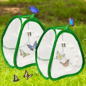 2 PCS Kids Butterfly Habitat Cage ، منبثقة 8.7 × 8.7x10.2 بوصة الفراشة الصغيرة صافي الموائل مع سوستة لفراشات المبتدئين قفص دودة السيلكو