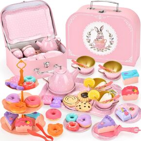 Mermaid Tea Party Set for Little Girls,Birthday Gifts for Age 3 4 5 6 Year Old Girls,Pretend Tin Teapot, Cups, Plates,and Food Sweet Treats Playset for Princess Tea Time Play Kitchen Toys