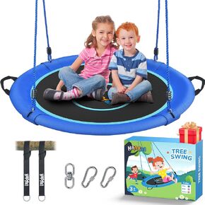 Hapfan 40 "Saucer Tree Swing للأطفال والبالغين-أرجوحة دوارة في الهواء الطلق مع نسيج Textilene المقاوم للأشعة فوق البنفسجية ، وسعة وزن 700 رطل ، و 9.8 قدم معلقة ، وضمان لمدة عامين (أزرق)