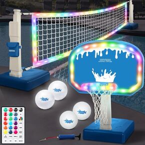 مجموعة ألعاب كرة الطائرة وكرة السلة 2 في 1 في 1 في المسبح ، ومجموعة كومبو سبورت مع 4 بوصة LED RIM/4 Glow Balls/2 Base/Pump ، لعبة السباحة المسبقة للبالغين والأسرة