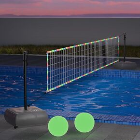 Pool Volleyball Net with Lights, Portable Volleyball Set for Outdoor Pools, Adjustable Length 15-41 Feet, Suitable for Multiple Inground Pools with 2 Glowing Volleyballs and Weighted Bases