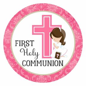 Girl First Holy Communion Sticker Labels by Adore By Nat - Pink Cross Praying Girl Religious Party Favor and Envelope Seals Stickers (2" - Set of 40 Stickers)