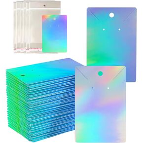 300pcs Holographic Earring Card Holder Paper Tags for DIY Ear Studs Necklace Jewelry Display,150 Set Earring Card with 150 Pcs Bags