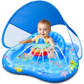 بركة أطفال قابلة للنفخ مع المظلة ، حمام سباحة Kiddie مع رش الماء للأطفال - Play Play Mat مع مسند الظهر وتكديس ألعاب لعب المياه في الهواء الطلق للأطفال الصغار الخلفيين أنشطة المياه