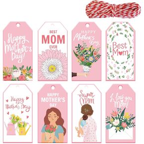 Doumeny Happy Mother's Day Gift Paper Tags 120Pcs Mother's Day Best Mom Ever Hanging Label Tags I Love You Mom Floral Super Mom Tag Sticker with String for DIY Art Craft Mother Party Birthday Supplies