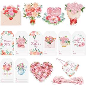 Watinc 137pcs علامات هدايا عيد الأم ، الأمهات السعيدات معلقة ورقة علامة مع زخرفة هدية للأم ، غلاف زخرفة بيضاء الوردي ، التفاف الحاضر ، عيد الشكر الحفلات الشجرة شنق