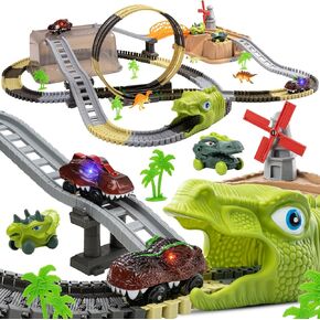 Tumama Dinosaur Toys Race Track ، 255 جهاز كمبيوتر ، قم بإنشاء مسارات سباق ديناصور وورلد رود ، ومسارات قطار مرنة مع 3 شخصيات ديناصورات ، و 4 مساءً سيارة ديناصور لثلاثة 4 5 5 سنوات أولاد ،