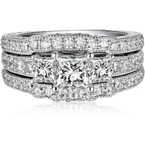 3pcs Princess Cut Wedding Ring For Women 2.8 Ctw Moissanite Bridal Ring Set Platinum Plated Silver Engagement Ling