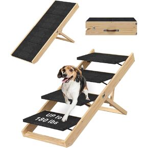 4 Tiers Wooden Dog Stair, Adjustable Wooden Dog Steps with Handle Foldable Dog Ramp for Bed Couch Car (Gray)
